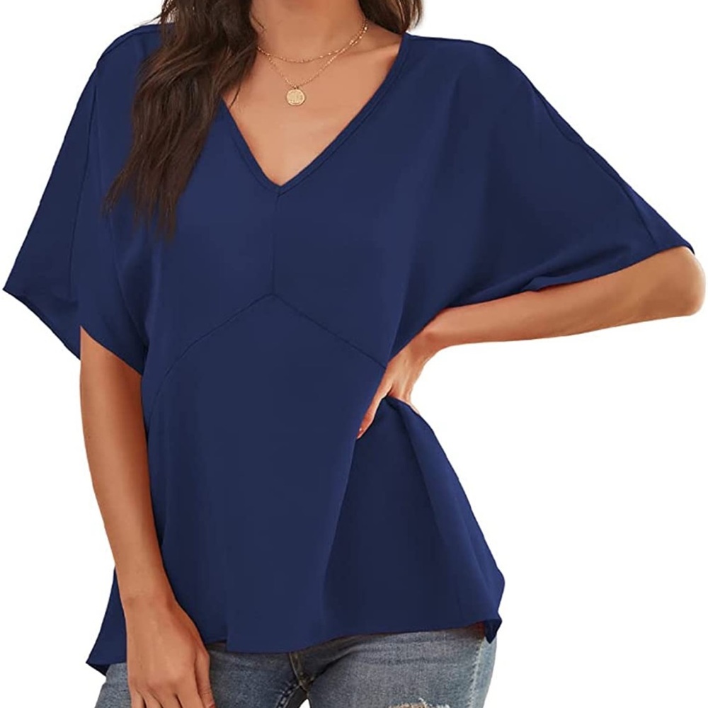 Chiffon V Neck Batwing Short Sleeve blouse/top